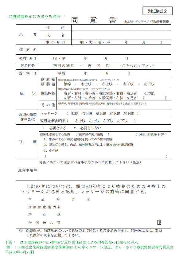 医師の同意書の様式　あん摩マッサージ指圧療養費用