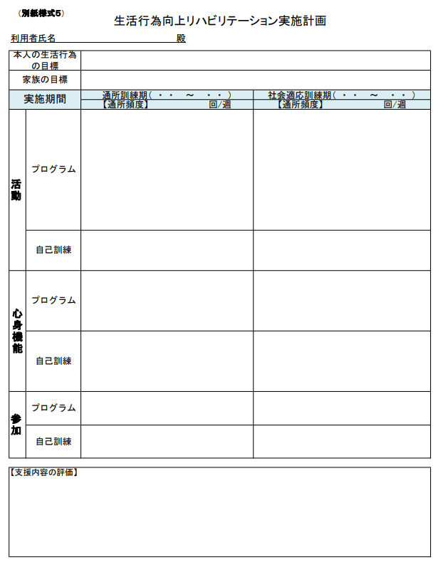 別紙様式5：生活行為向上リハビリテーション実施計画書（任意）